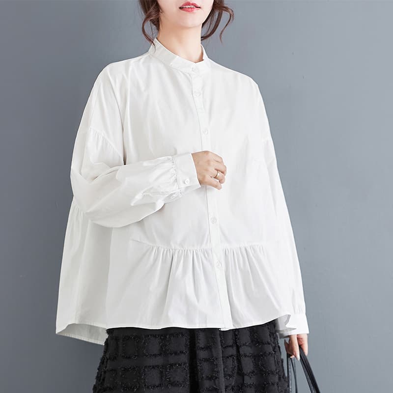 白色ふんわり袖フリル裾チュニックシャツ