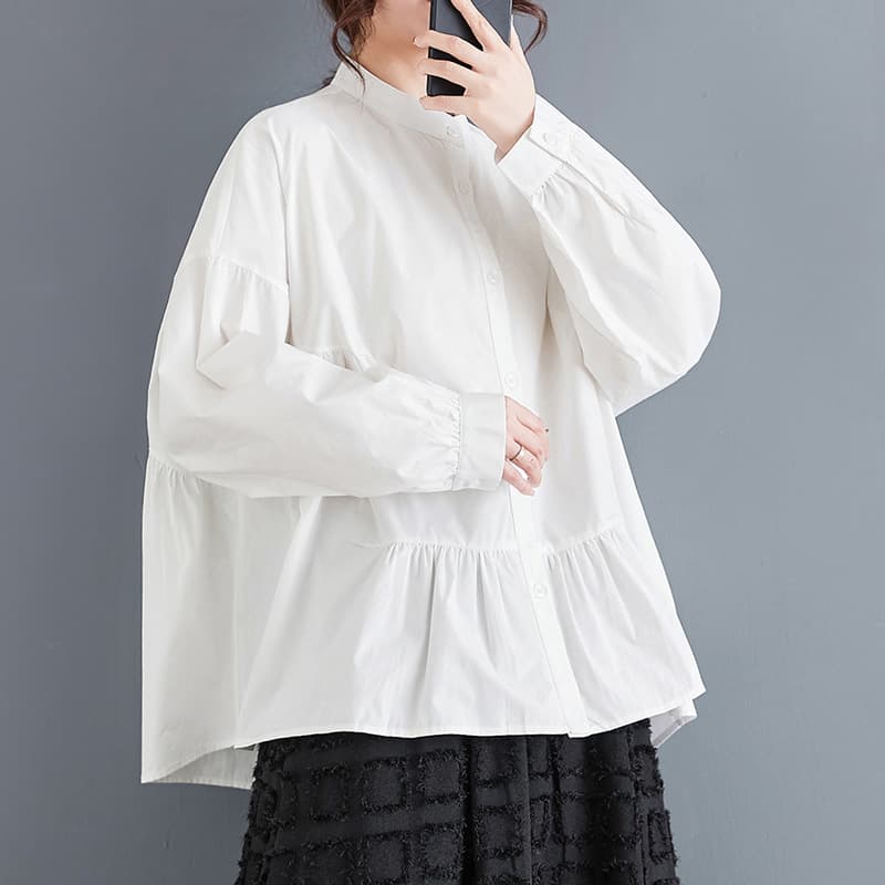 白色ふんわり袖フリル裾チュニックシャツ