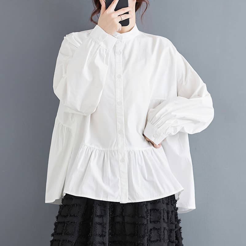 白色ふんわり袖フリル裾チュニックシャツ