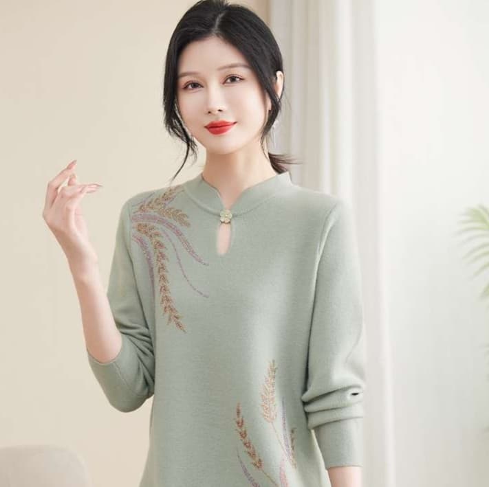 チュニック 華やか刺繍チャイナカラーワンピース