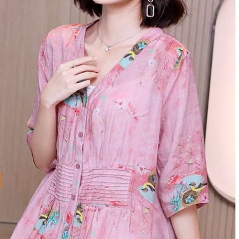花柄シアー素材 プリーツ切替チュニックワンピース