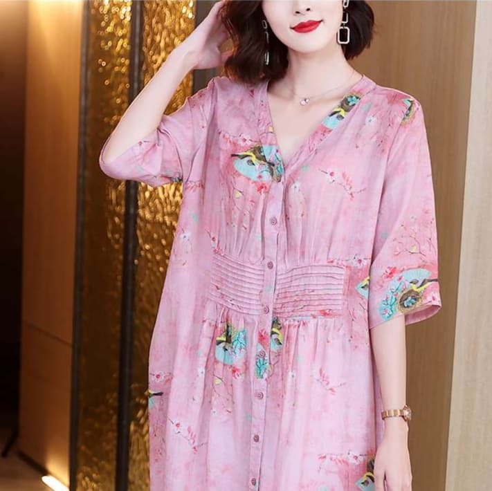 花柄シアー素材 プリーツ切替チュニックワンピース