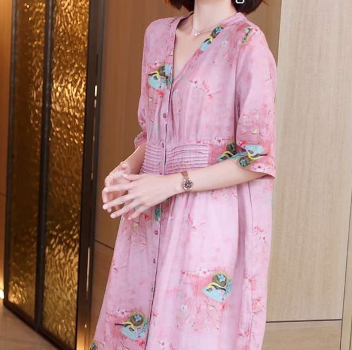 花柄シアー素材 プリーツ切替チュニックワンピース