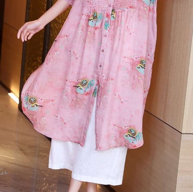 花柄シアー素材 プリーツ切替チュニックワンピース