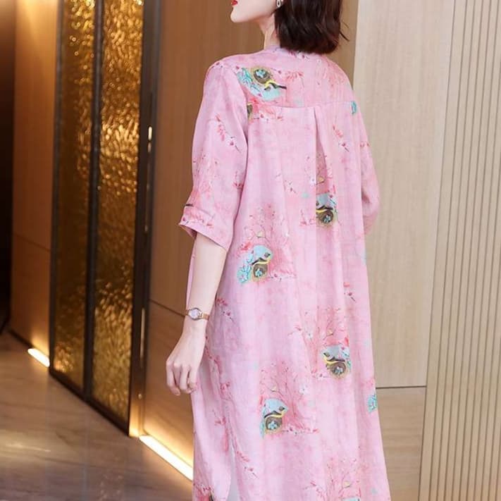 花柄シアー素材 プリーツ切替チュニックワンピース