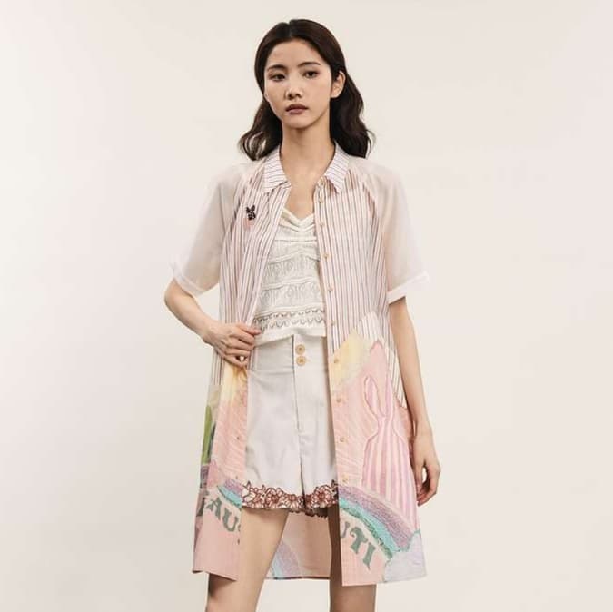 チュニック シアー素材パネル柄シャツワンピース