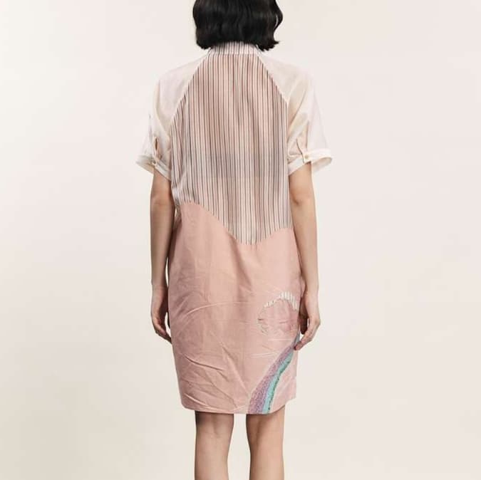 チュニック シアー素材パネル柄シャツワンピース