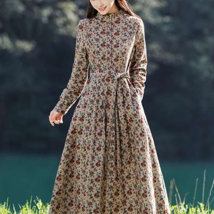チュニック 草花柄フリル襟シフォンミディ丈ワンピース