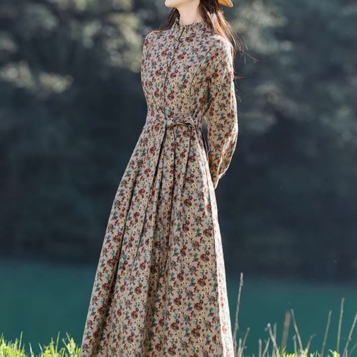 チュニック 草花柄フリル襟シフォンミディ丈ワンピース