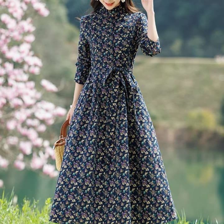 チュニック 草花柄フリル襟シフォンミディ丈ワンピース