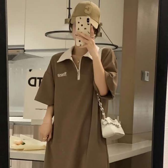 カジュアル上品 ポロカラーチュニックワンピース