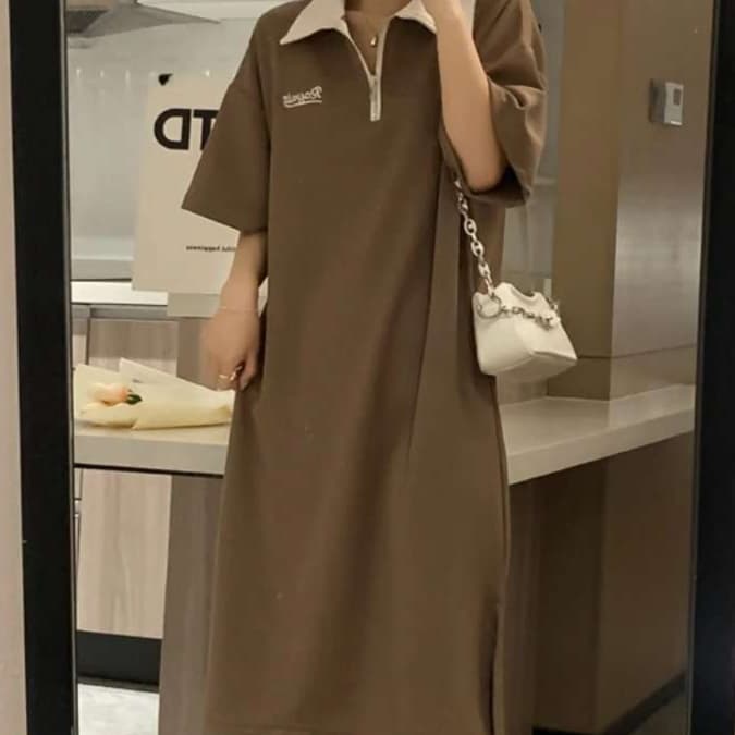 カジュアル上品 ポロカラーチュニックワンピース
