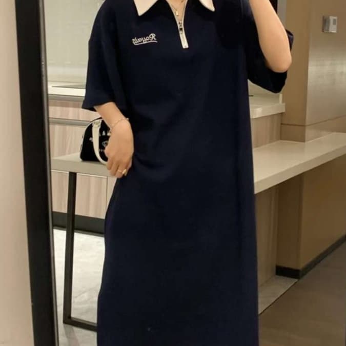 カジュアル上品 ポロカラーチュニックワンピース