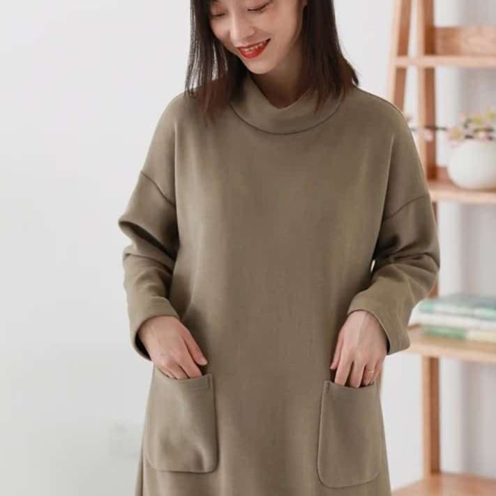 チュニック ゆったり着れる タートルネックポケット付きワンピース