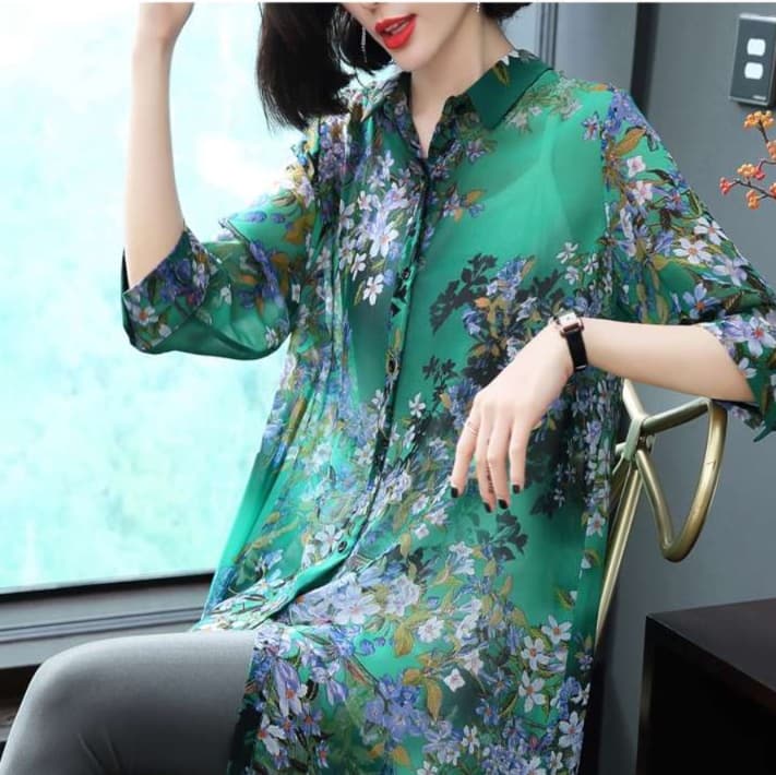 優美な花柄シフォンチュニックワンピース