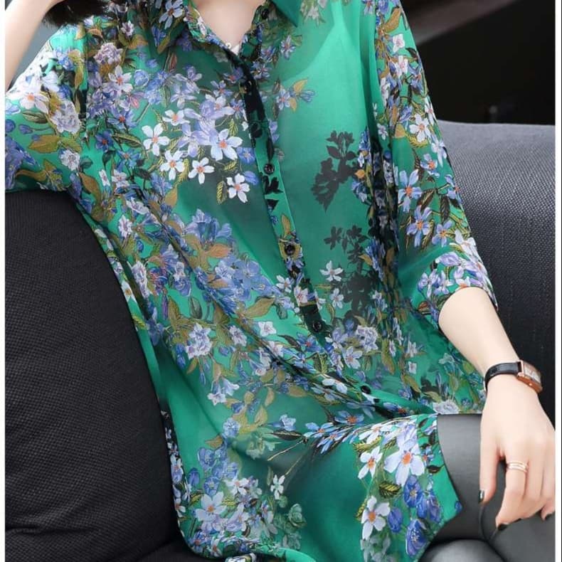 優美な花柄シフォンチュニックワンピース