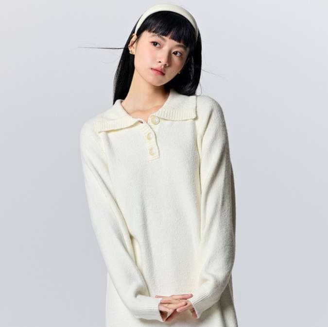 チュニック リブニットポロワンピ ミモレ丈 ゆったりデザイン