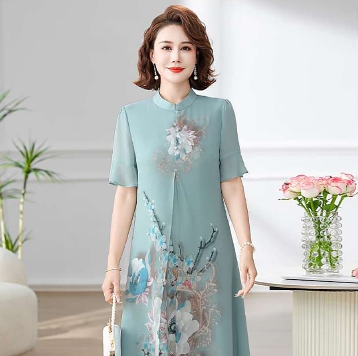 優美な花柄シフォンチュニックワンピース