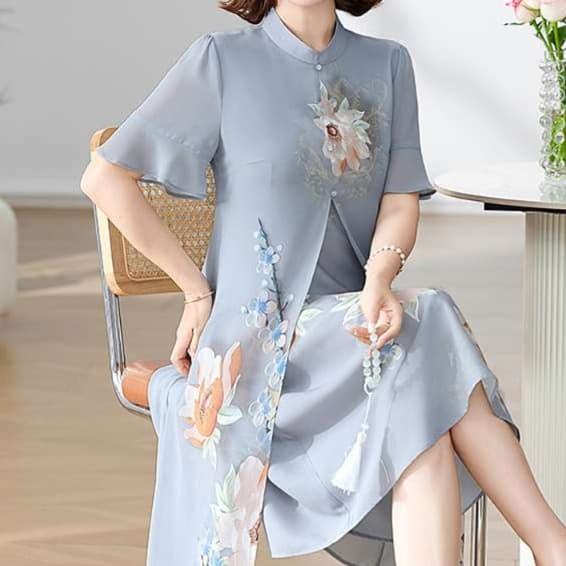優美な花柄シフォンチュニックワンピース