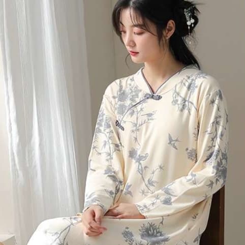 花鳥柄パッド付きチャイナチュニックワンピース