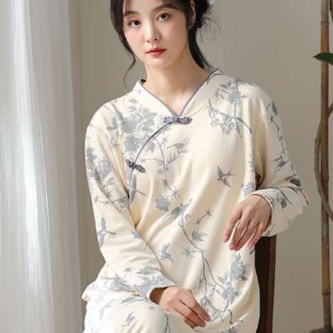 花鳥柄パッド付きチャイナチュニックワンピース