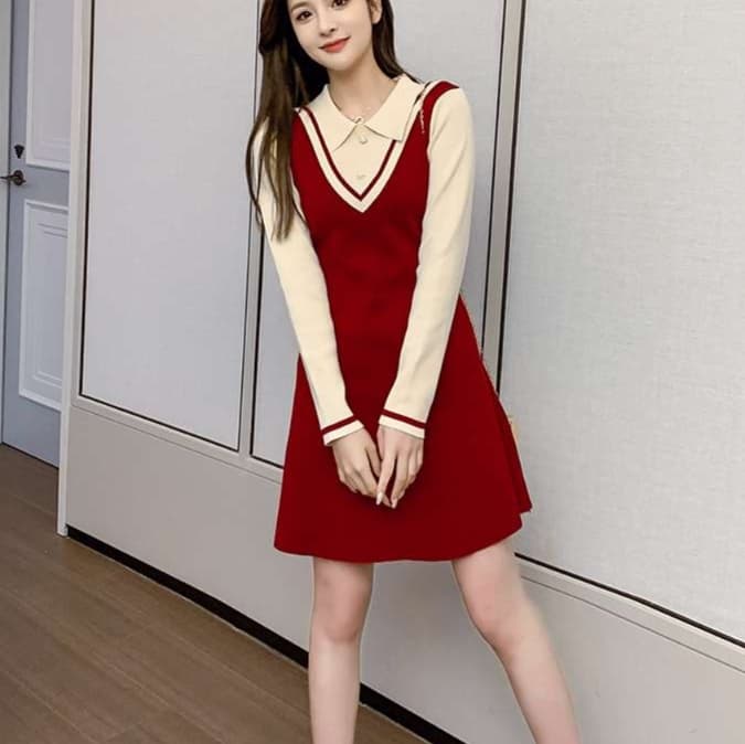 レトロ襟付きチュニックワンピース