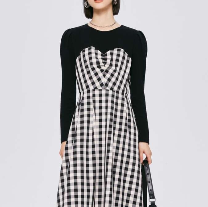長袖チェック柄チュニックワンピース