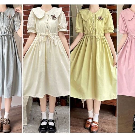 レトロ調うさぎブローチ付きチュニックワンピース