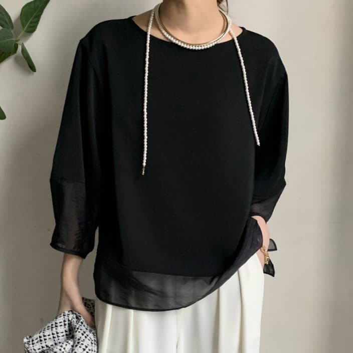 重ね着風七分袖シフォンチュニック