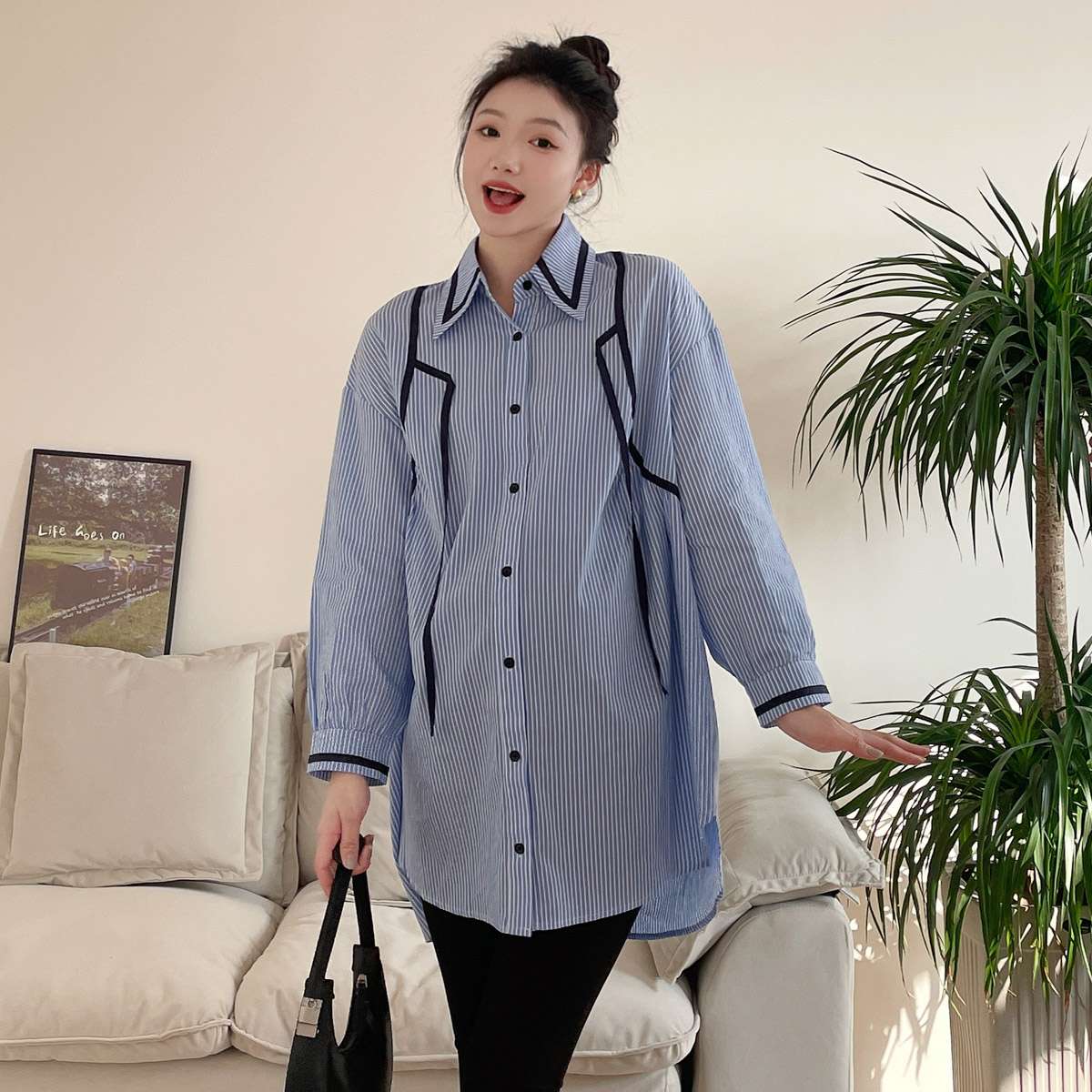 ストライプ柄チュニック風シャツワンピース