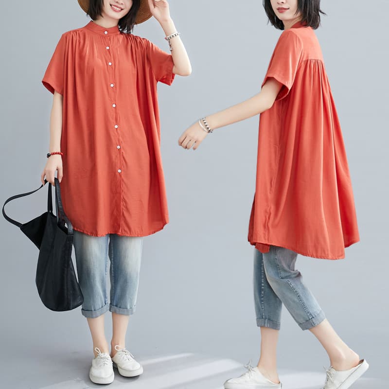 夏のゆったり半袖チュニックシャツ 無地