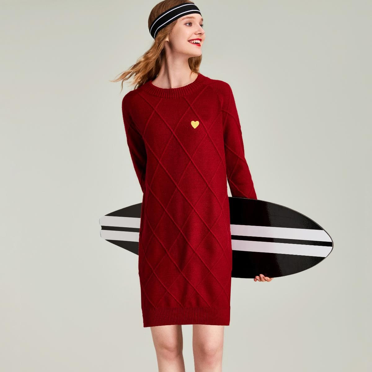 ニット菱形模様 ハート付きチュニックワンピース