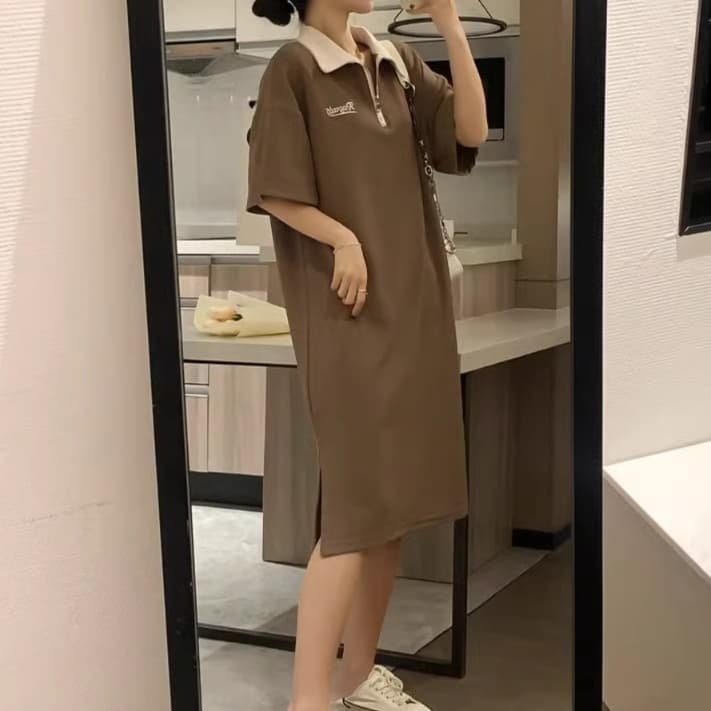 カジュアル上品 ポロカラーチュニックワンピース