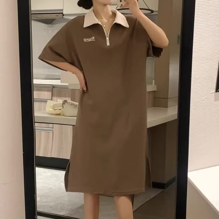 カジュアル上品 ポロカラーチュニックワンピース