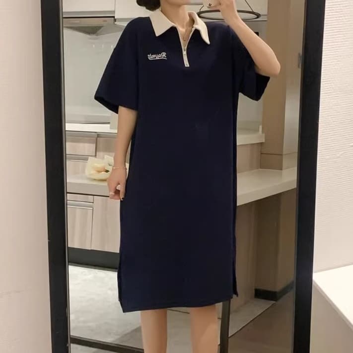 カジュアル上品 ポロカラーチュニックワンピース