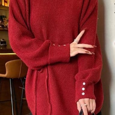 新作ボリューム袖ニットチュニック ロング丈セーター